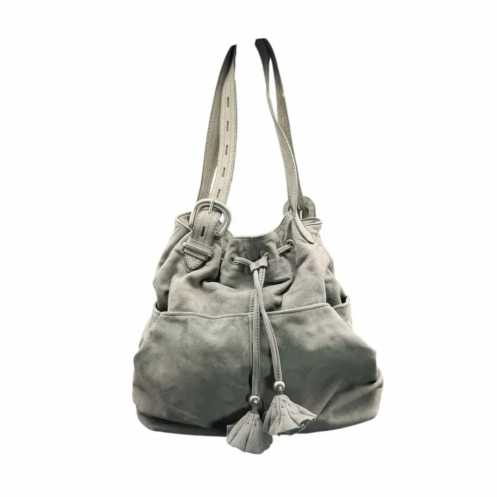 Ann Taylor LOFT Gray Leather Drawstring Shoulder Bag Tassel Slouchy Tote